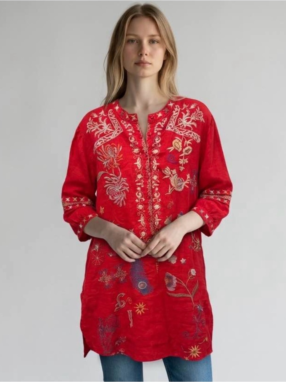 Johnny Was Embroidered Red Linen Tunic Top - Women's Size Large